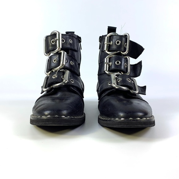 Steve Madden Recharge Leather Boots Womens Sz 6 Black Buckle Moto Studded Bootie - Picture 5 of 16